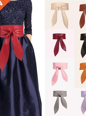 Women Elegant Bow Belt Long Black Soft Leather Wide Waistban