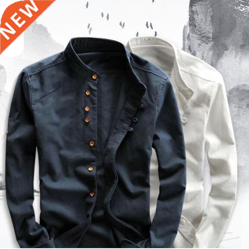 Men's Cotton Linen Shirts Long Sleeve Men Casual Slim Mandar