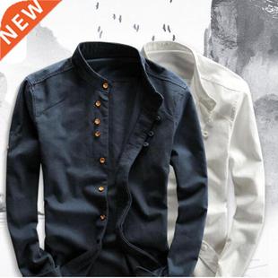 Linen Shirts Slim Mandar Casual Cotton Sleeve Men Long