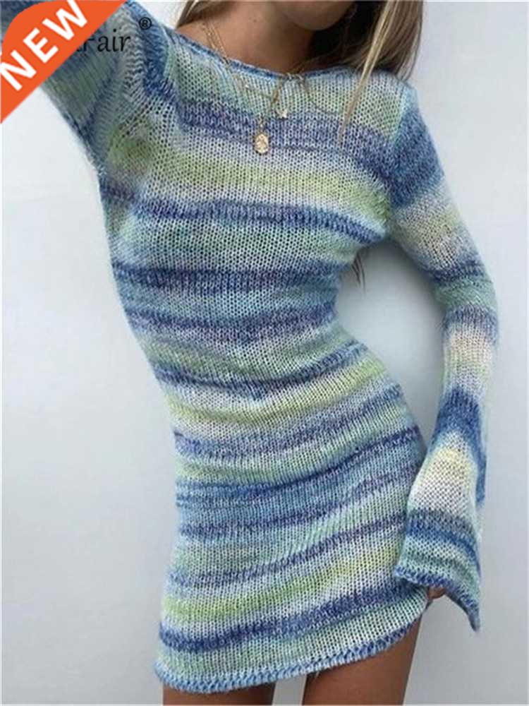 Nadafair Tie Dye Mini Knitted Sweater Dress Women Long Sleev