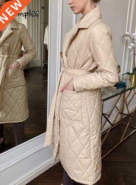 Simplee Long straight winter coat with rhombus pattern Casua