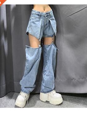 High set Jeans Women Splice Wide Leg Trousers Hip-hop cotton