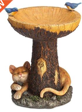 Tree Stump Cat Statue Bird Feeder Resin Ornament Outdoor Gar