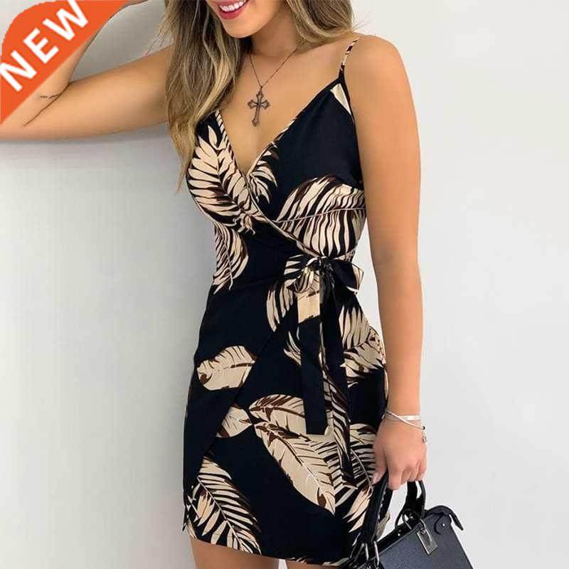 2022 Summer Women Holiday Floral Leaves Print Bodycon V-neck