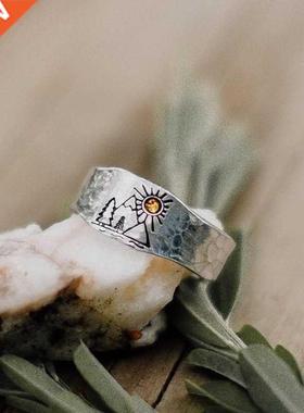 Forest Mountain Sun Nature Landscape Carved Ring for Women M