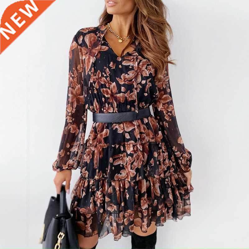 Ladies V Neck Floral Dress Spring Flower Print Long Sleeve L
