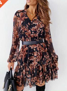 Ladies V Neck Floral Dress Spring Flower Print Long Sleeve L
