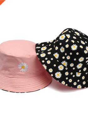 Daisies Embroidered Buckets Hat Cow Women Transparent Lace F