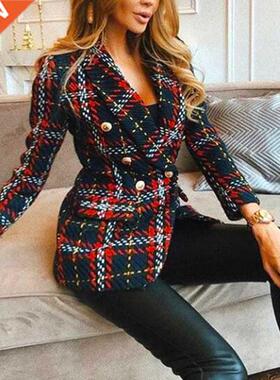 Red Plaid Blazer 2021 Women Spring-Autumn Vintage Tweed Suit