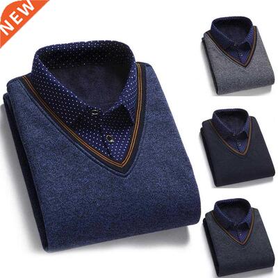 Autumn Men Sweater Fake Two-piece Grid Thicken Knitted Male