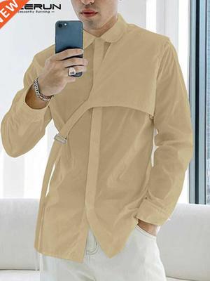 INCERUN Men Casual Shirt Lapel Long Sleeve Solid Color Setwe