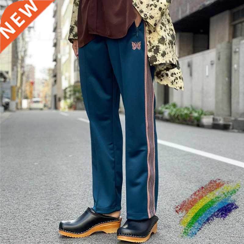 Sea Blue Needles Pants Men Women Stripe Butterfly Embroidery