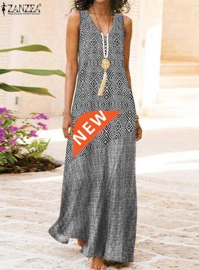 Fashion Summer Women Sveless Floral Printed Long Sundress