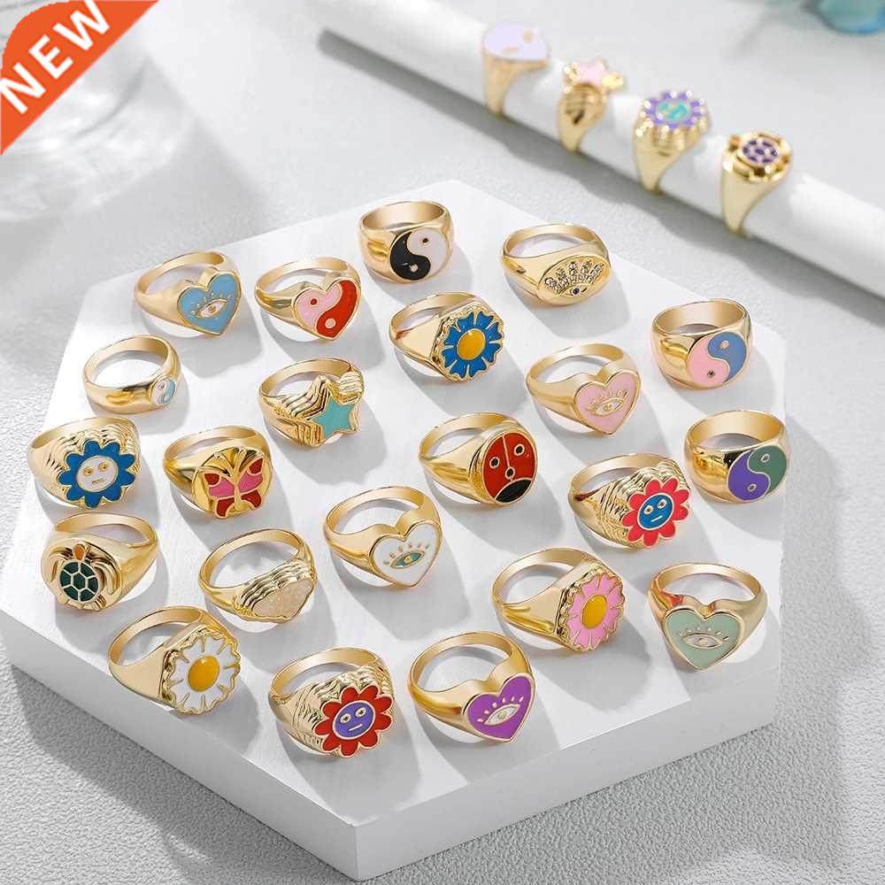 Aesthetic Colorful Evil Eyes Love Heart Rings for Women Swee