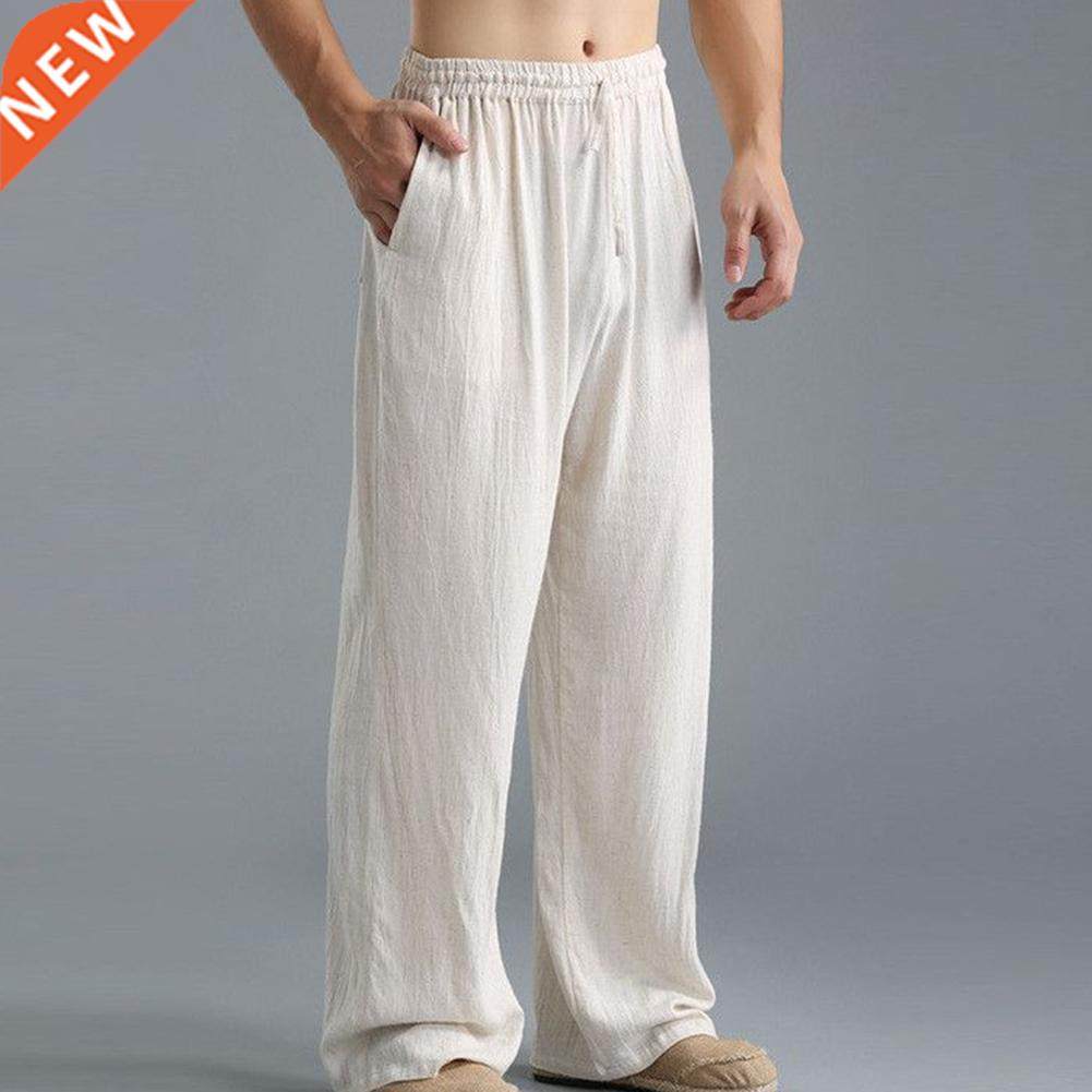 Plus Size Men Cotton Linen Long Pants Elastic Waist Loose St