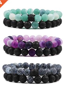 1-2PCS Beaded Bracelets Bangles Set Natural Lava Stone Coupl