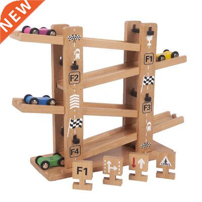 Kids Montessori Wooden Ladder Gliding Car Wooden Slot Track