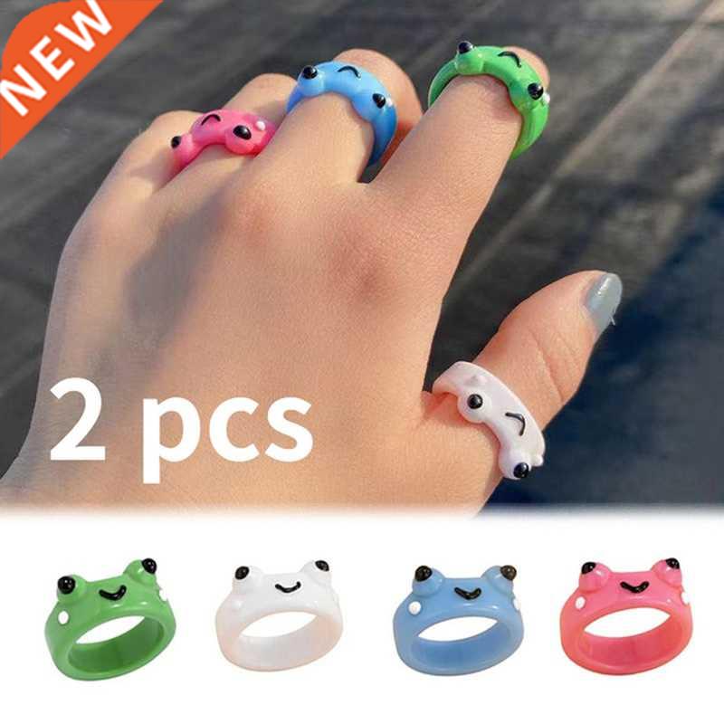 2Pcs Cute Frog Rings Polymer Clay Resin Acrylic Rings for Wo