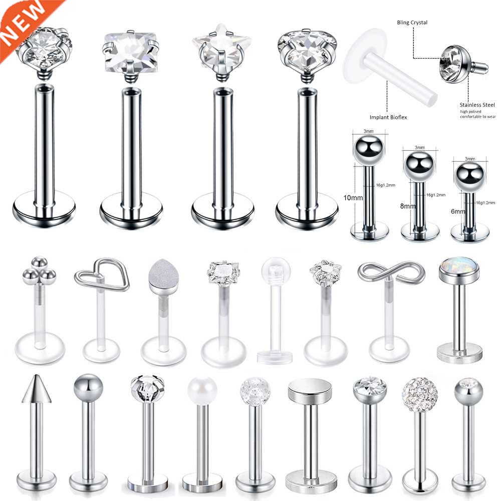 16g Stainless Steel Lip Labret Piercing Crystal Ball Monroe