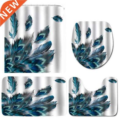 4 Pcs Peacock Feathers Waterproof Bathroom Shower Curtain To