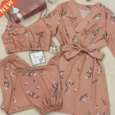 Cotton flower Print Pajamas Set Robe Sleepwear Suit Womens S