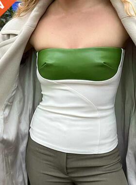 Gaono Pu Leather Patchwork Tube Top Chic Women Vintage Strap