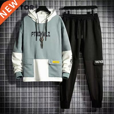 Men Tracksuit Jogging Suit Patchwork Hoodies Set Male Fleece