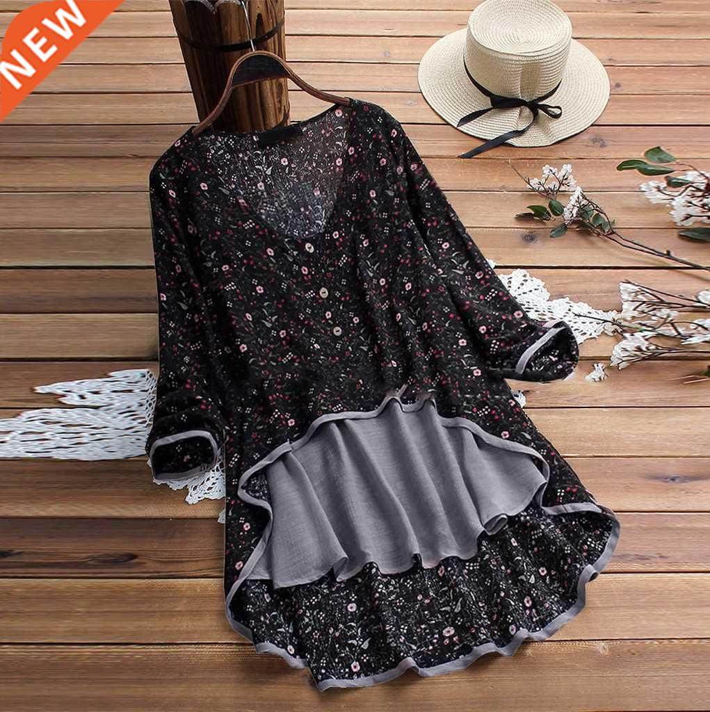 Blouse Shirt 2021 Women Casual Irregular Floral Print Patchw