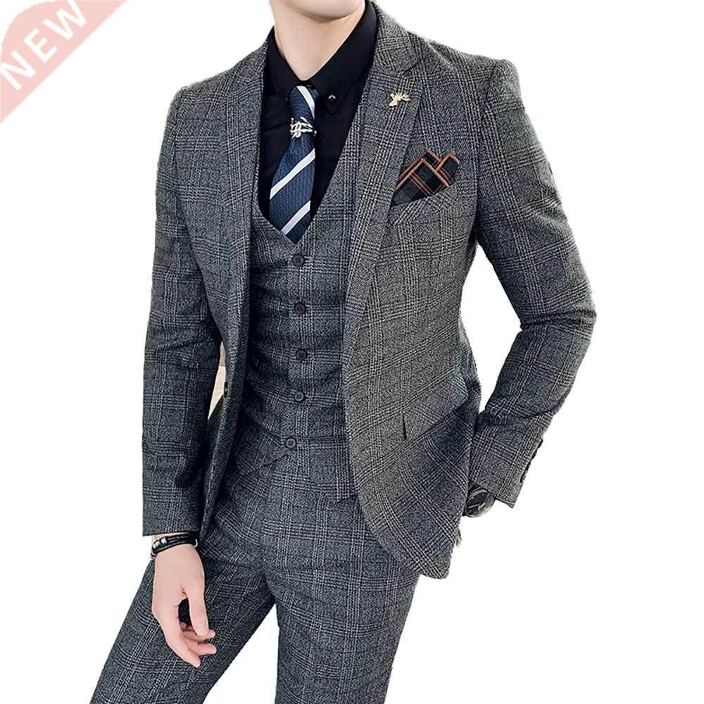 ( Jacket + Vest + Pants ) Brown Gray Blue Plaid Suit Men's H