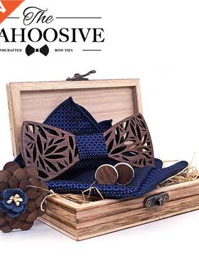 Paisley Wooden Bow Tie Handkerchief Set Men	s Plaid Bowti