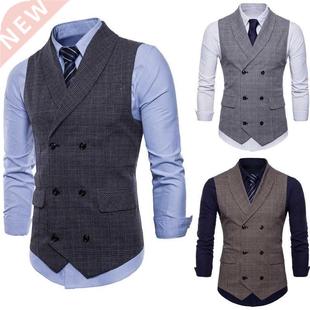 Men Formal Suit Vest Sleeveless Waistcoat Slim Plaid Busines