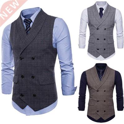 Men Formal Suit Vest Sleeveless Waistcoat Slim Plaid Busines