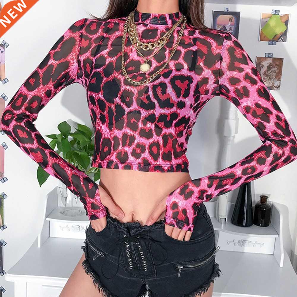 Pink Leopard Print Mesh Top Female T-Shirt Long Sleeve Trans