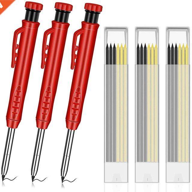 3Pcs Solid Carpenter Pencil Set with 18 Refill Leads, Built-