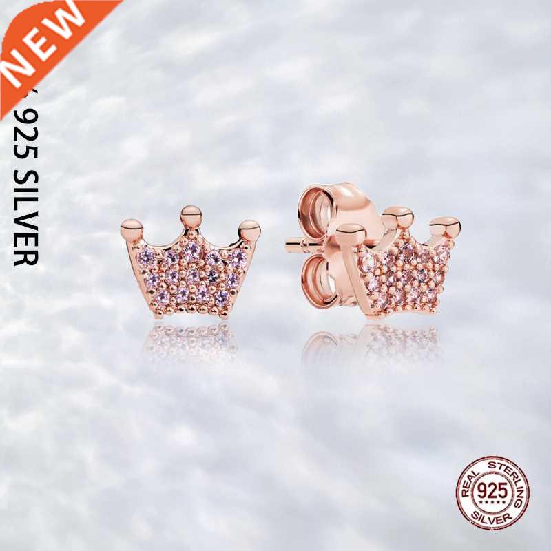 Fit Original Real 925 Sterling Silver Pink Crown Stud Earrin