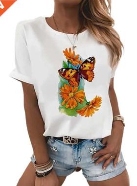 2022 Women's Country Print White T-Shirt Soft Top O Neck Sho