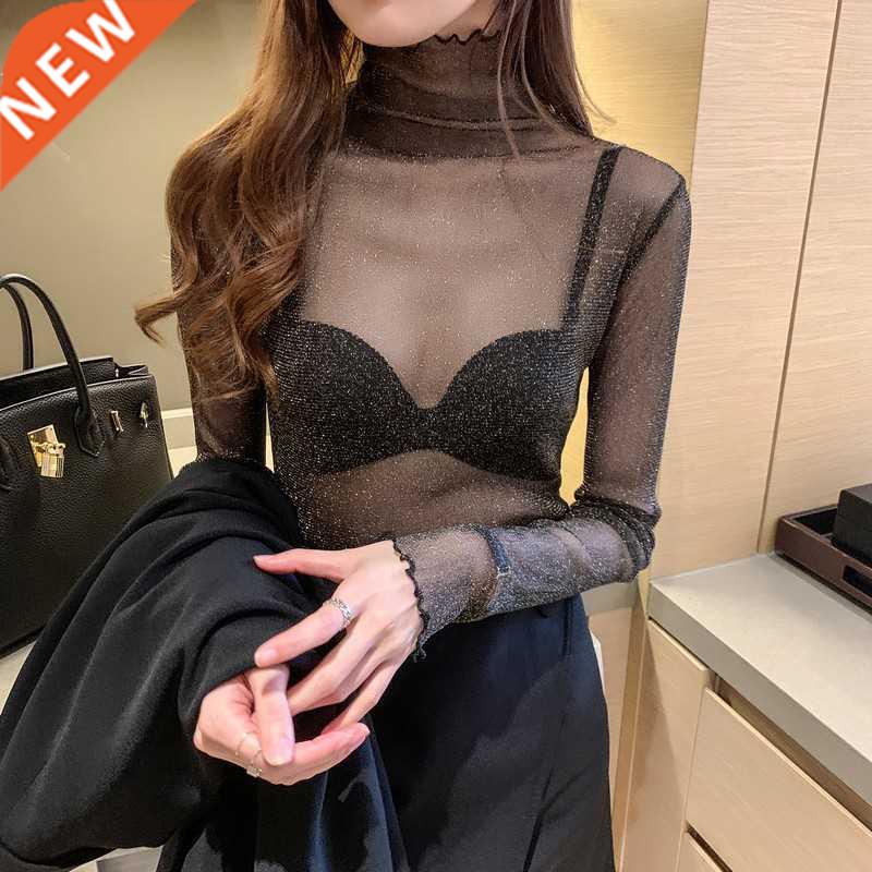 Girls Mesh Blouses Tees Female Autumn Transparent Full Sleev