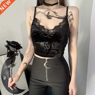 Black top Vintage Gothic Velvet Black Women Camis Grunge Pun