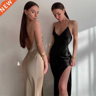 Silky Spaghetti Dress Women Long Satin Split Summer Strap