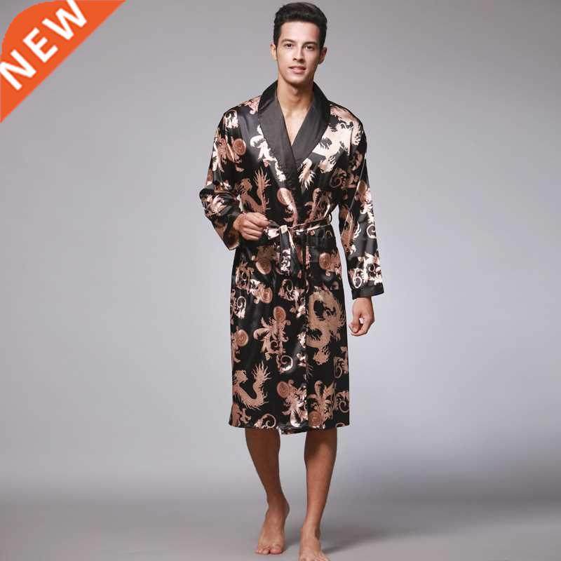 Men Silk Summer and Autumn Satin Kimono Bathrobe Golden Drag