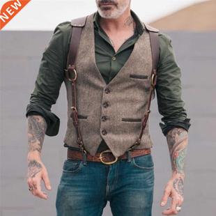 Men's Suit Vest Herringbone V Neck Business Formal Dress Wai