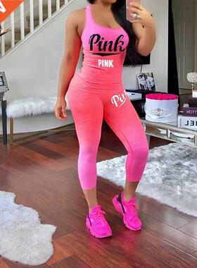 2 Pieces Sets Women Sporting Tracksuit 2019 Summer Pink Lett