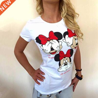 Three Mickey Mouse Print Women T shirt Cartoon Summer Top La