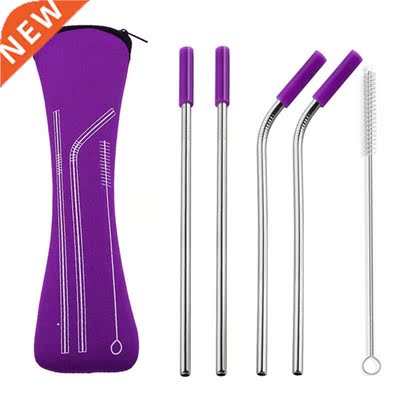 6Pcs Colorful Reusable Straws Metal Straw Silicone Tips Cov