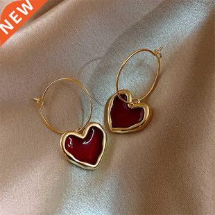 Sweet Burgun Enamel Heart Earrings for Women Girl Gold Col