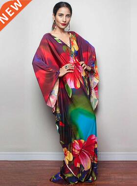 2022 Print Maxi Dress Batwing Sleeve Tunic Spring Autumn Bea