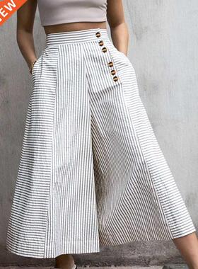 Celmia Women High Waist Striped Pants 2022 Fashion Retro Wid