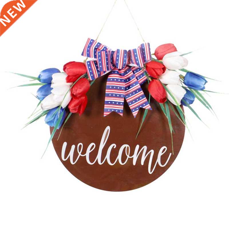 Tulip Wreath Welcome Sign for Front Porch - Rustic Wooden Do