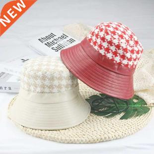 Houndstooth Women Plaid Leather Winter Bucket Patchwork Hat