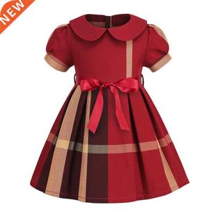 Summer Plaid Short New Sleev Dresses Fashion Bow 2022 Cotton
